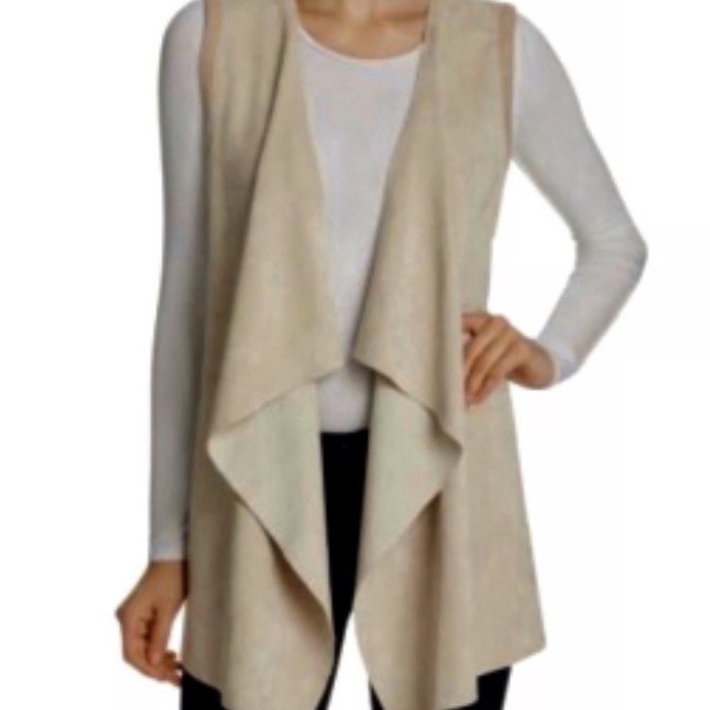 NWT Calvin Klein Womens Large Beige Sleeveless Open Waterfall Faux Suede Vest